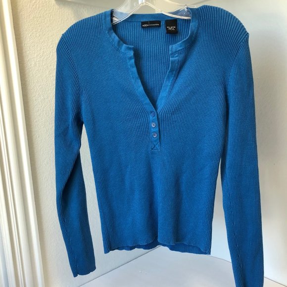 Moda International blue ribbed cotton henley top - Picture 1 of 4